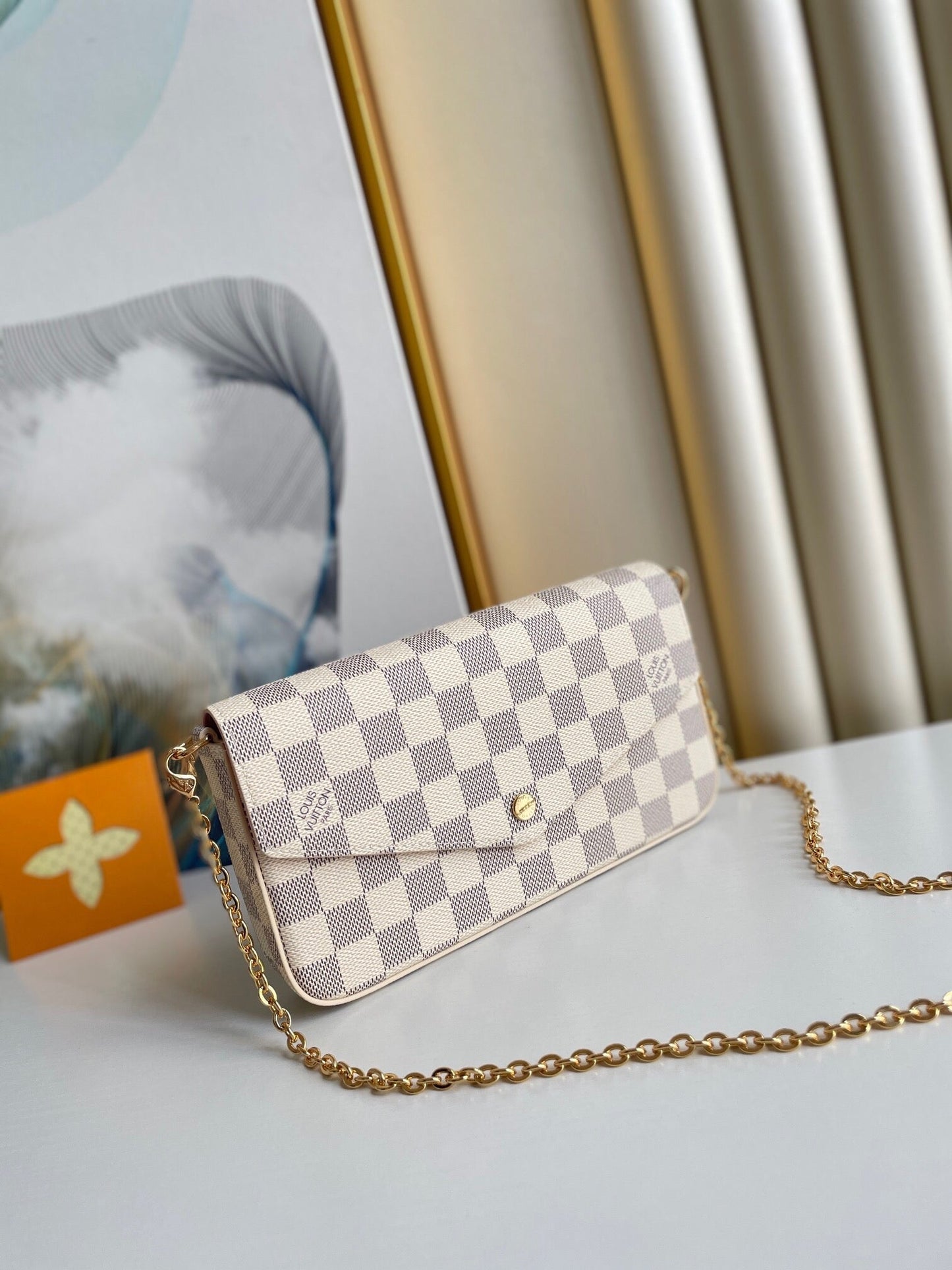 FÉLICIE POCHETTE 21 IN BLUE BEIGE DAMIER AZUR CANVAS GOLD HARDWARE