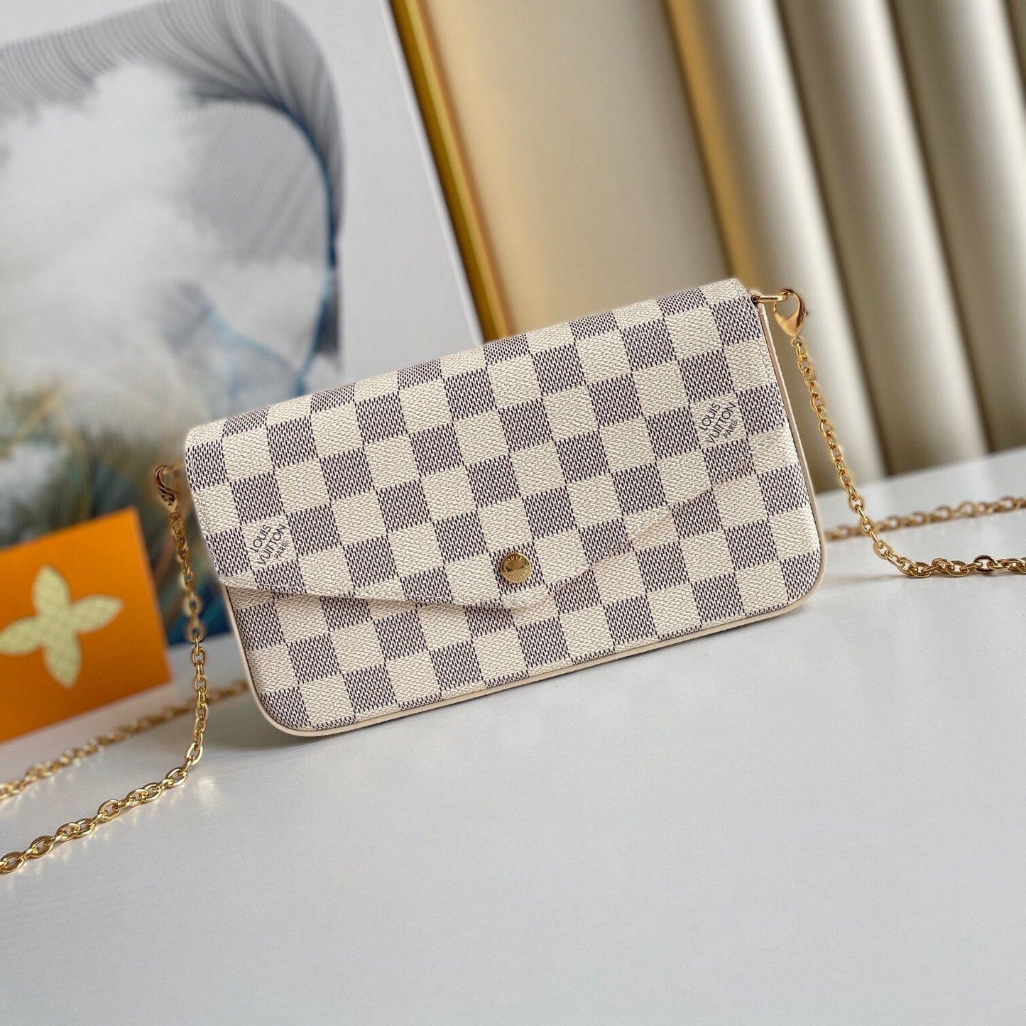 FÉLICIE POCHETTE 21 IN BLUE BEIGE DAMIER AZUR CANVAS GOLD HARDWARE