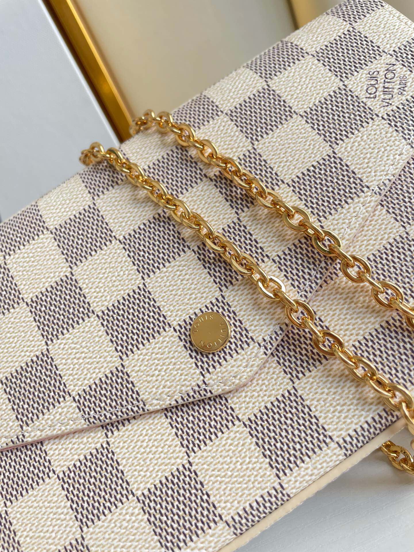 FÉLICIE POCHETTE 21 IN BLUE BEIGE DAMIER AZUR CANVAS GOLD HARDWARE