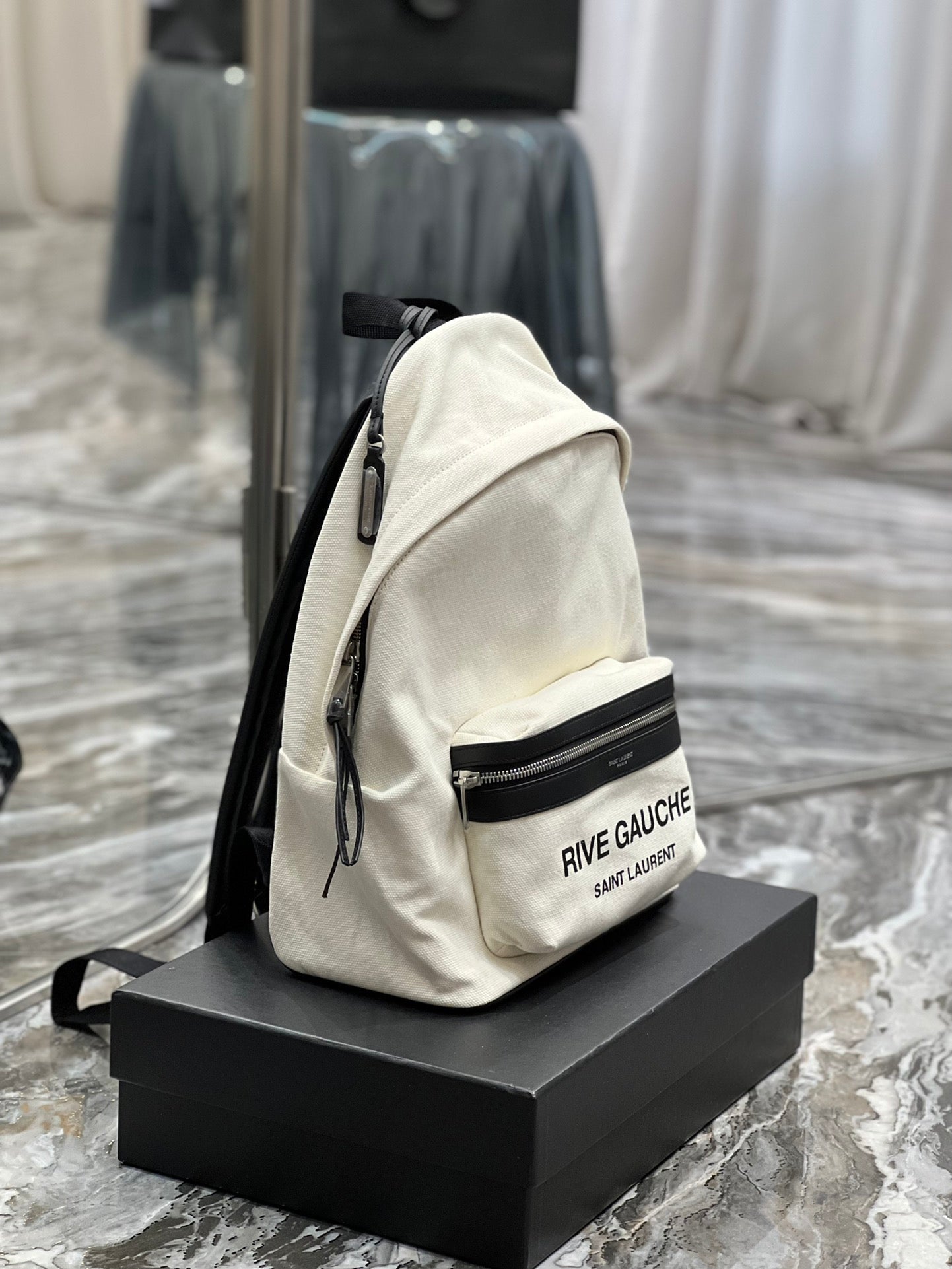 RIVE GAUCHE BACKPACK 35 IN WHITE CANVAS MIX BLACK CALFSKIN