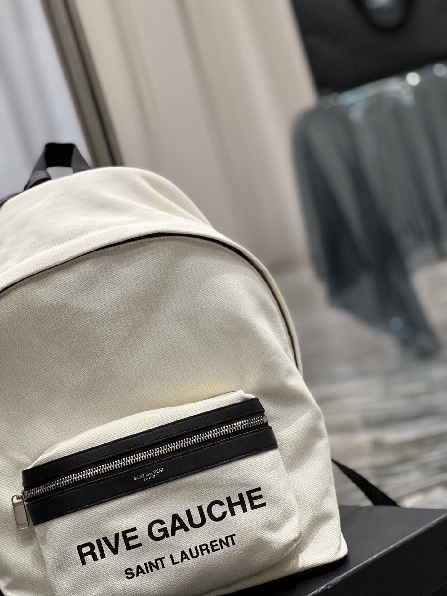 RIVE GAUCHE BACKPACK 35 IN WHITE CANVAS MIX BLACK CALFSKIN