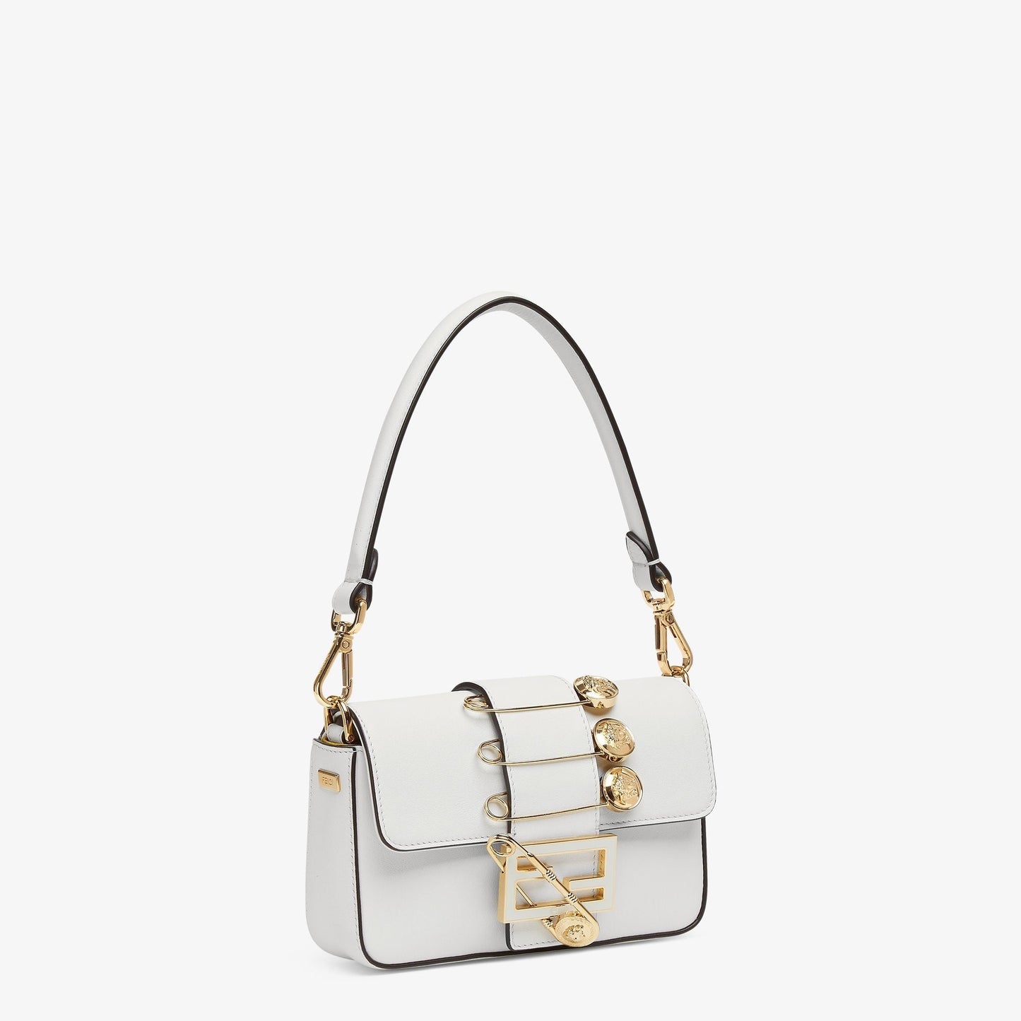 FENDI FENDACE BROOCH MINI 20 BAGUETTE BAG IN WHITE CALFSKIN