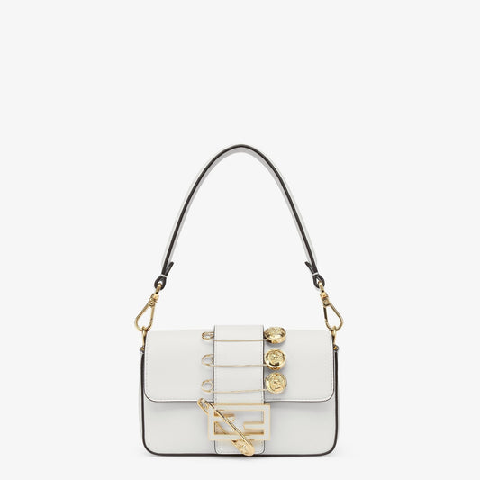 FENDI FENDACE BROOCH MINI 20 BAGUETTE BAG IN WHITE CALFSKIN