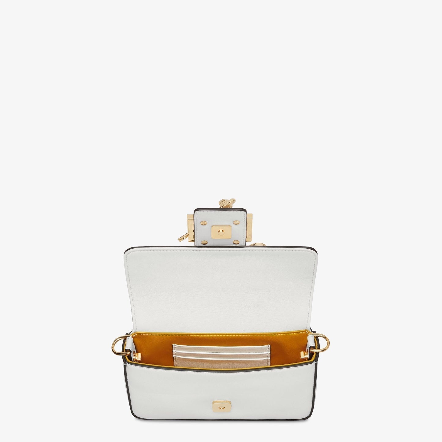 FENDI FENDACE BROOCH MINI 20 BAGUETTE BAG IN WHITE CALFSKIN