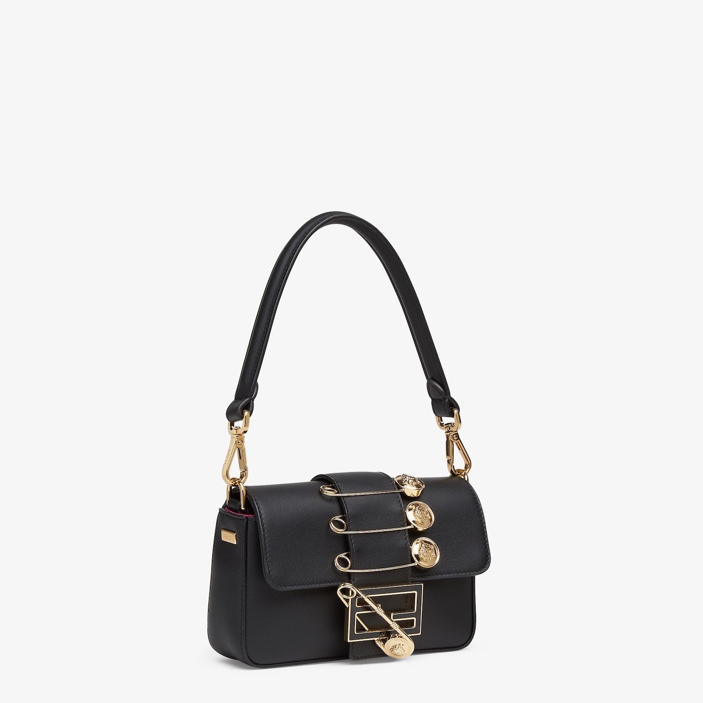 FENDI FENDACE BROOCH MINI 20 BAGUETTE BAG IN BLACK CALFSKIN