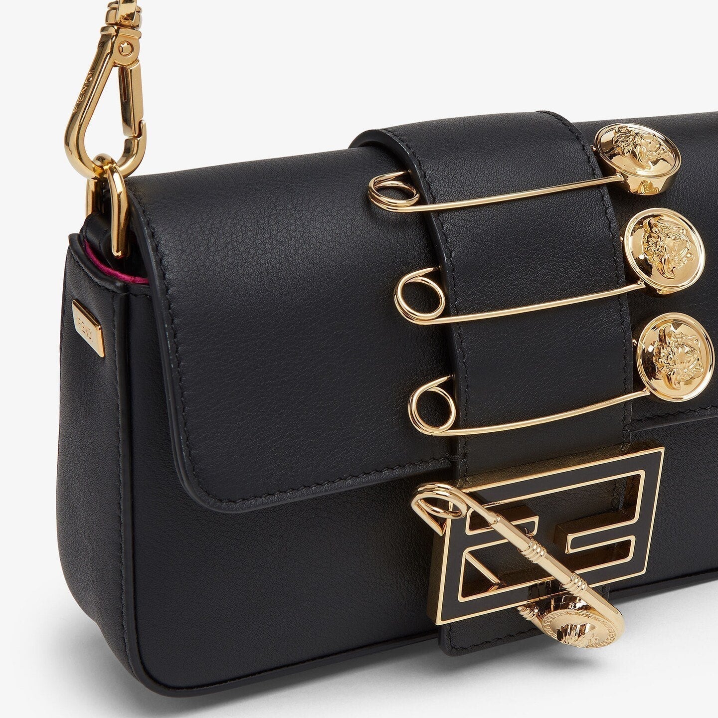 FENDI FENDACE BROOCH MINI 20 BAGUETTE BAG IN BLACK CALFSKIN