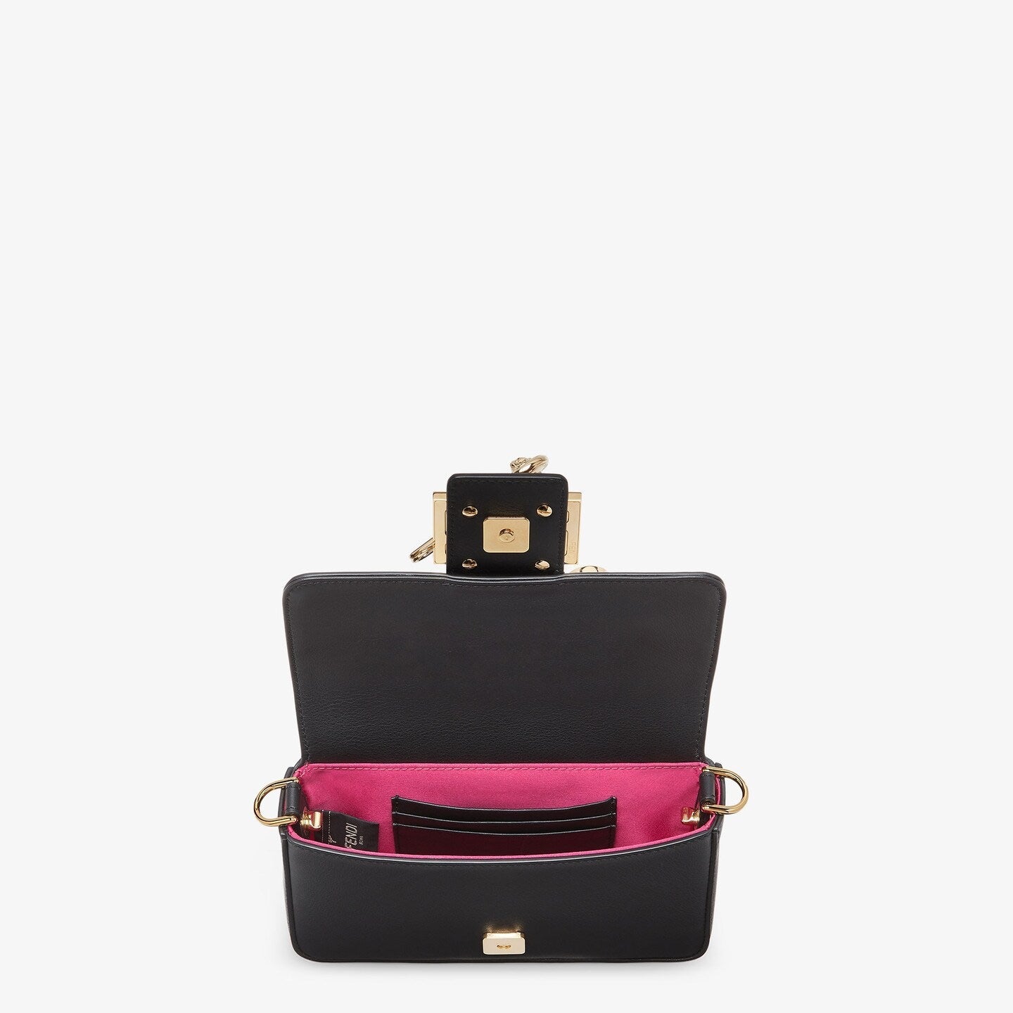 FENDI FENDACE BROOCH MINI 20 BAGUETTE BAG IN BLACK CALFSKIN