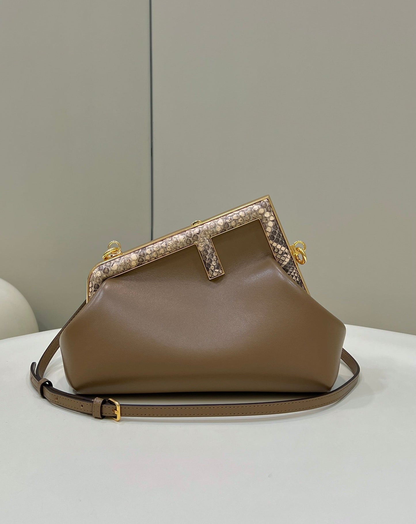 FENDI FIRST SMALL 26 COFFEE BROWN LEATHER BAG WITH EXOTIC DETAILS