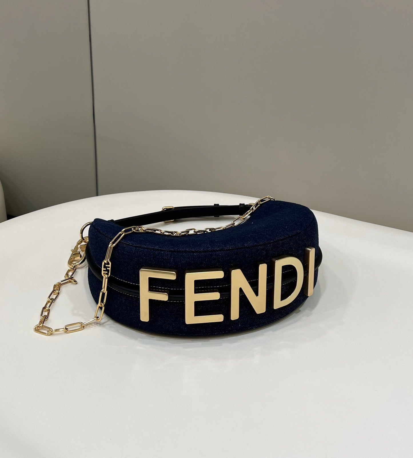 FENDIGRAPHY 29 BAG IN NAVY BLUE DENIM FABRIC WITH GOLD HARDWARE