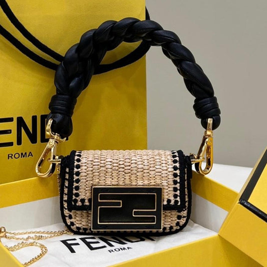 FENDI NANO BAGUETTE 11 BAG IN BEIGE MIX BLACK RAFFIA WITH STRAP GOLD HARDWARE