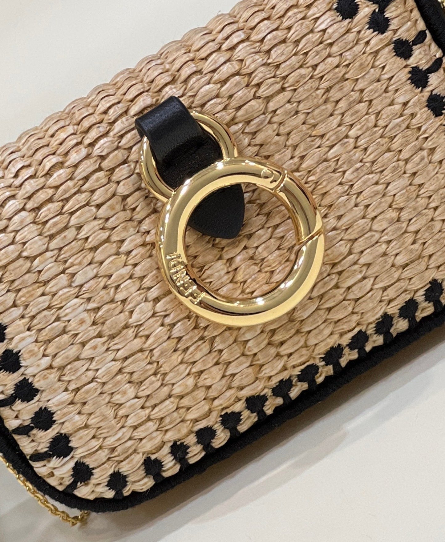 FENDI NANO BAGUETTE 11 BAG IN BEIGE MIX BLACK RAFFIA WITH STRAP GOLD HARDWARE