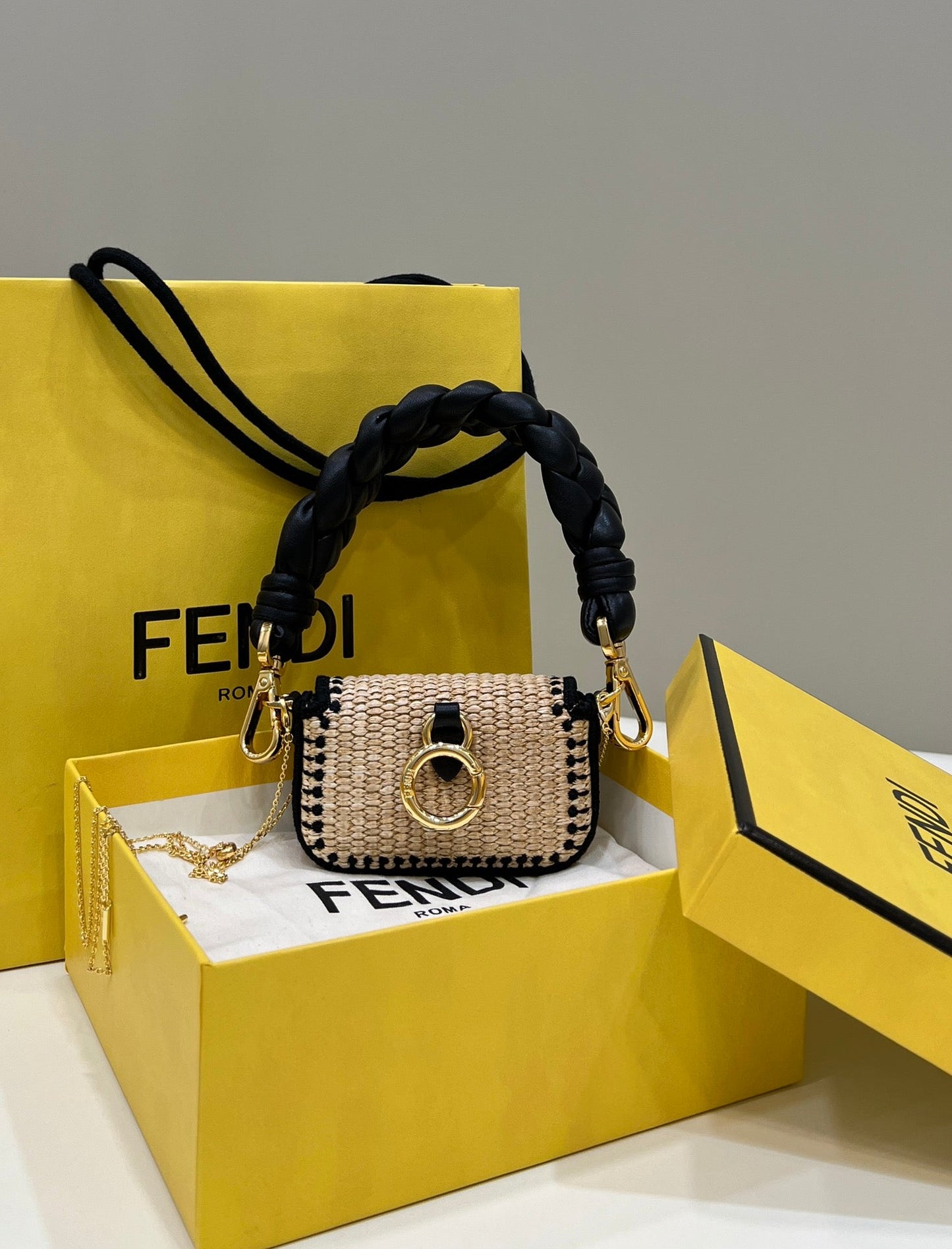 FENDI NANO BAGUETTE 11 BAG IN BEIGE MIX BLACK RAFFIA WITH STRAP GOLD HARDWARE