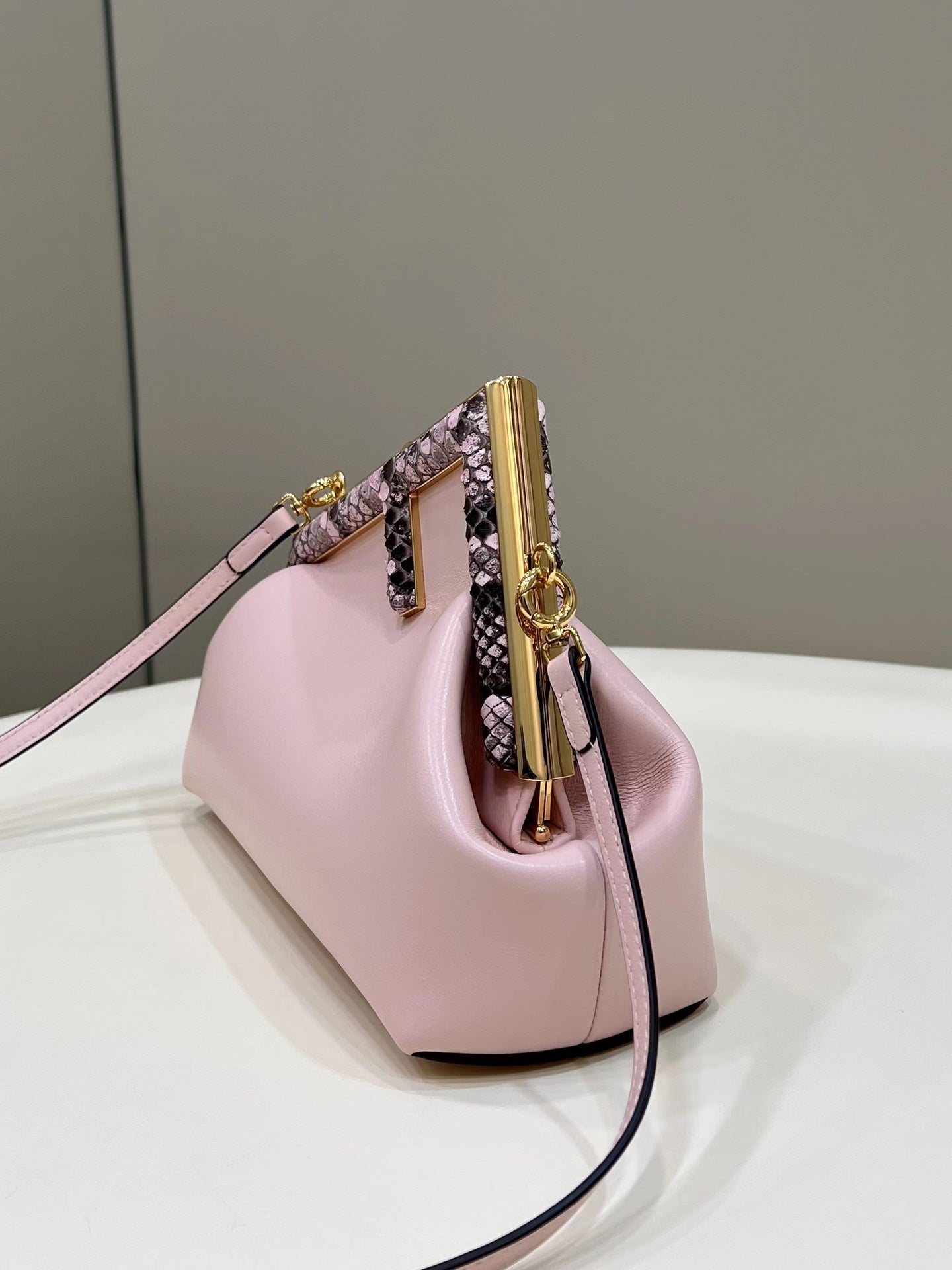 FENDI FIRST SMALL 26 LIGHT PINK LEATHER BAG WITH EXOTIC DETAILS