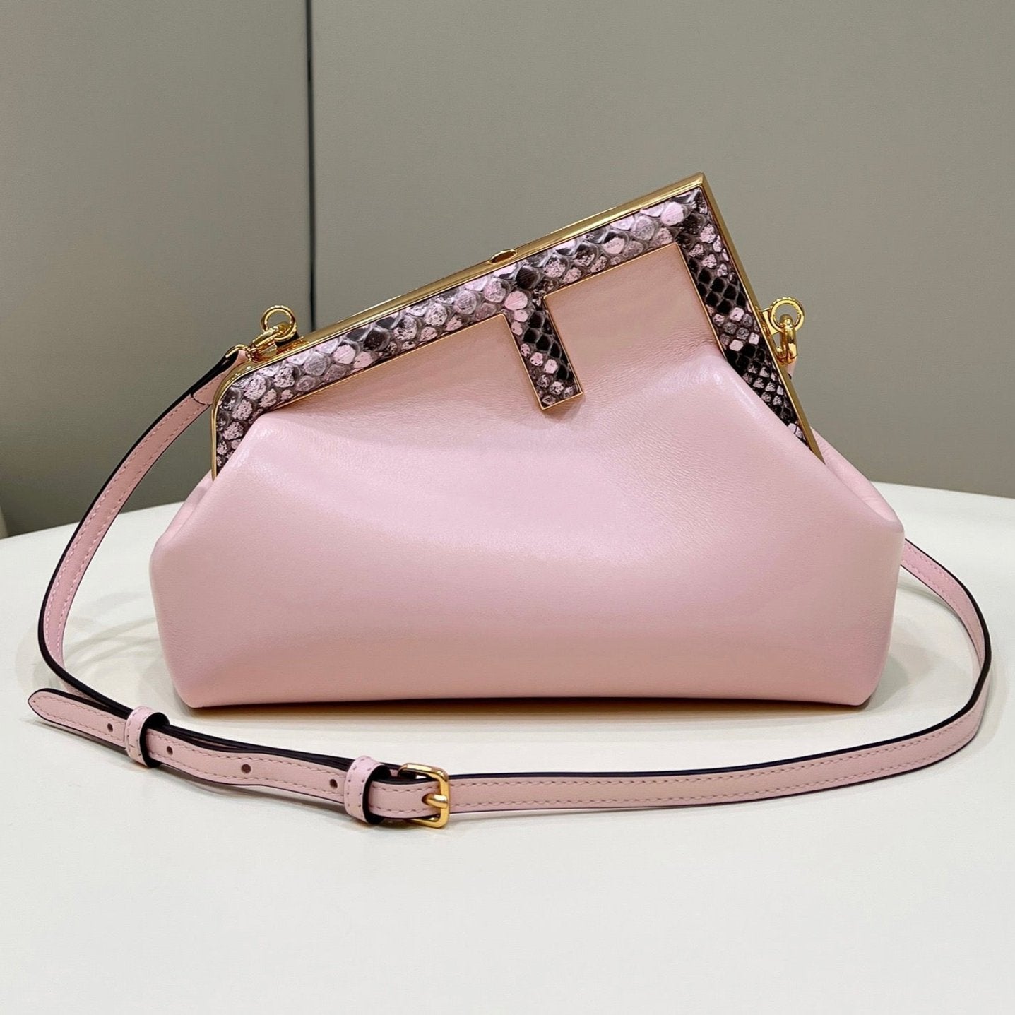 FENDI FIRST SMALL 26 LIGHT PINK LEATHER BAG WITH EXOTIC DETAILS