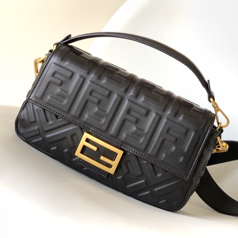 Fend Baguette 27 Bag With FF Motif Black Leather Ghw