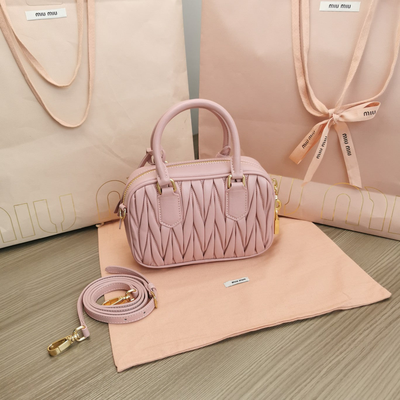 ARCADIE MATELASSÉ NAPPA SMALL BAG 19 IN PASTEL PINK LAMBSKIN GOLD HARDWARE