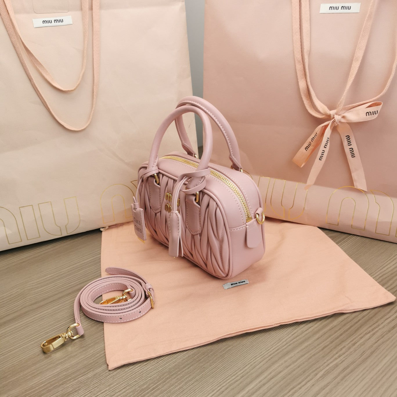 ARCADIE MATELASSÉ NAPPA SMALL BAG 19 IN PASTEL PINK LAMBSKIN GOLD HARDWARE