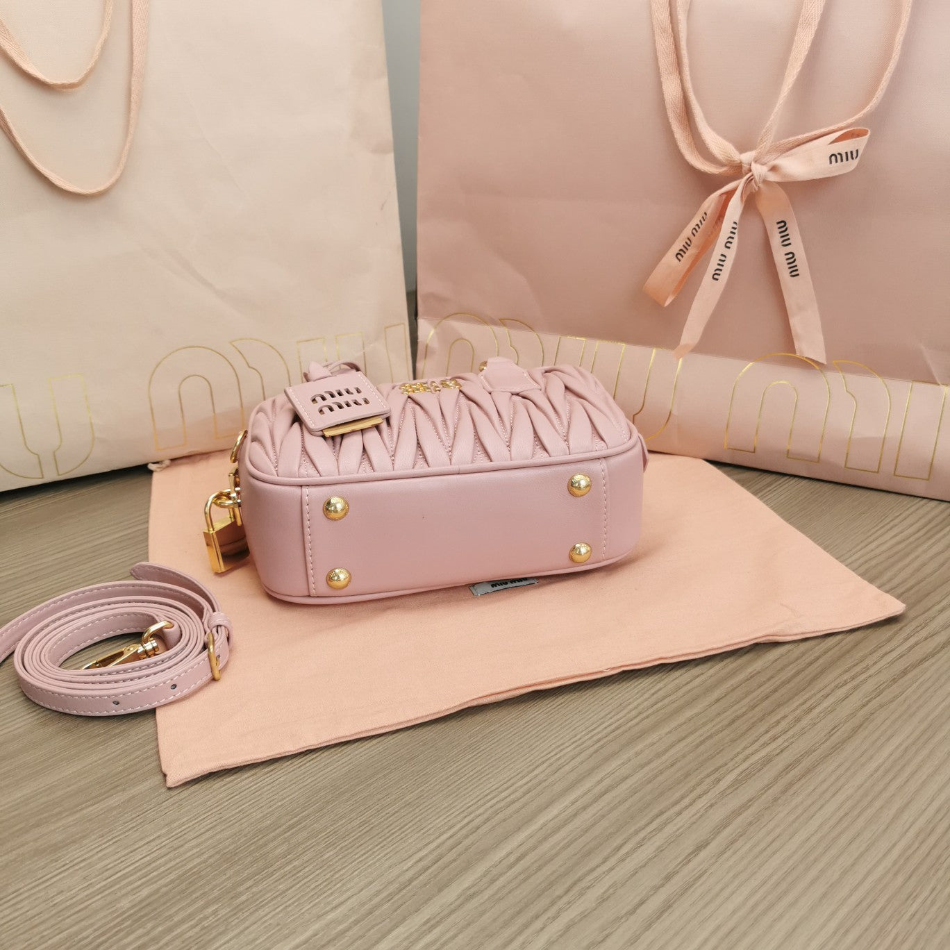 ARCADIE MATELASSÉ NAPPA SMALL BAG 19 IN PASTEL PINK LAMBSKIN GOLD HARDWARE