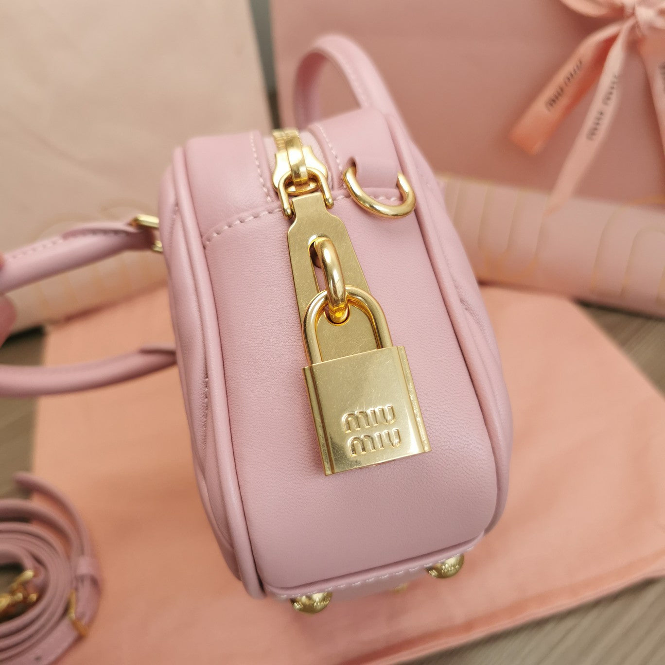 ARCADIE MATELASSÉ NAPPA SMALL BAG 19 IN PASTEL PINK LAMBSKIN GOLD HARDWARE