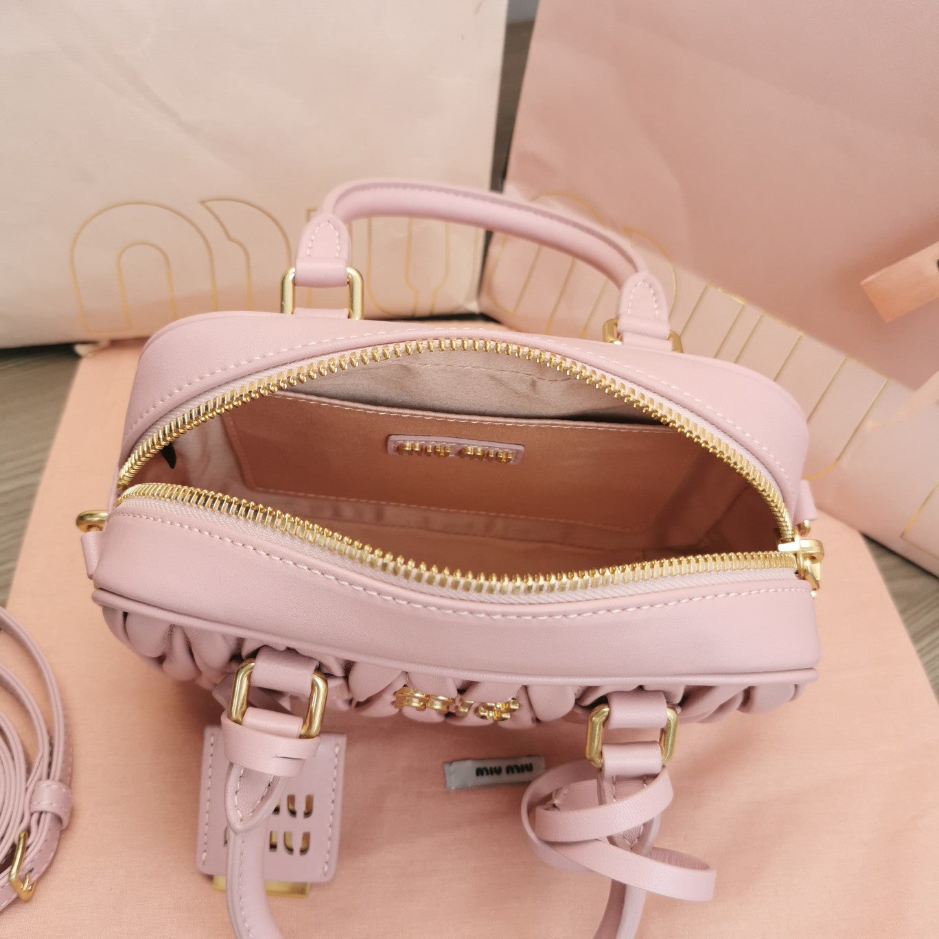 ARCADIE MATELASSÉ NAPPA SMALL BAG 19 IN PASTEL PINK LAMBSKIN GOLD HARDWARE