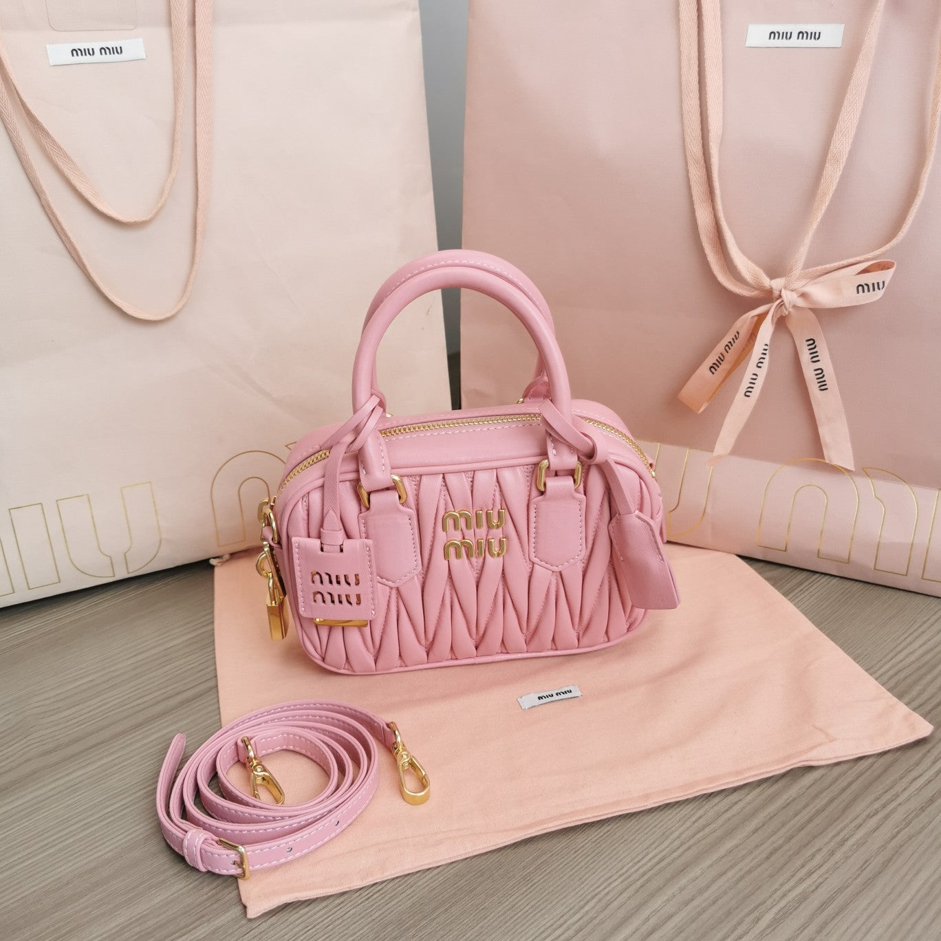 ARCADIE MATELASSÉ NAPPA SMALL BAG 19 IN FLAMINGO PINK LAMBSKIN GOLD HARDWARE