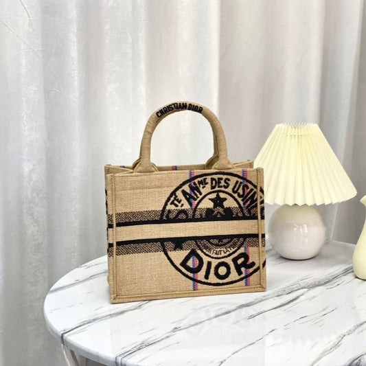 SHOPPING BAG 26 IN BEIGE AND BLACK EMBROIDERED CANVAS