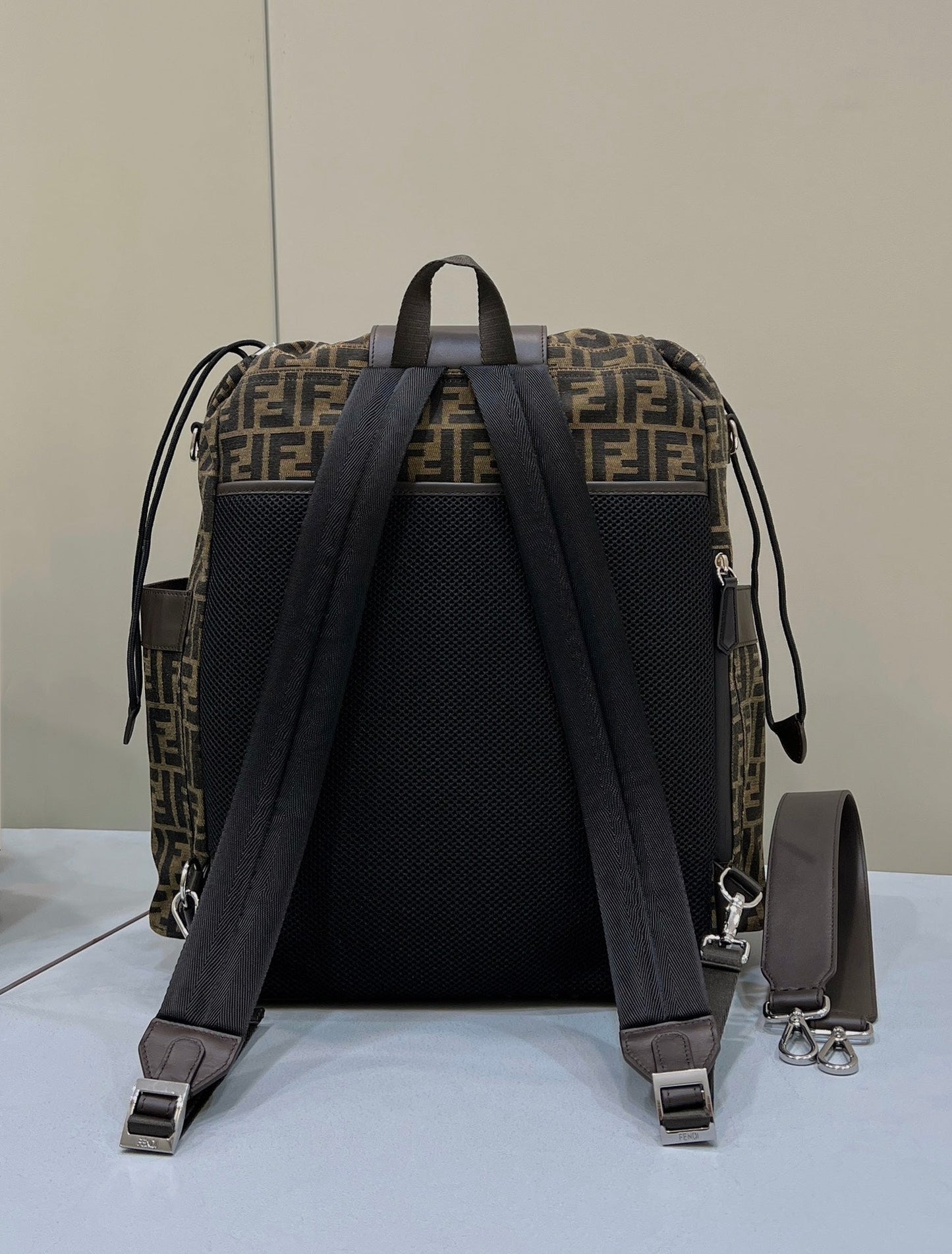 FENDI STRIKE LARGE 46 FF MOCHA BROWN JACQUARD FABRIC BACKPACK