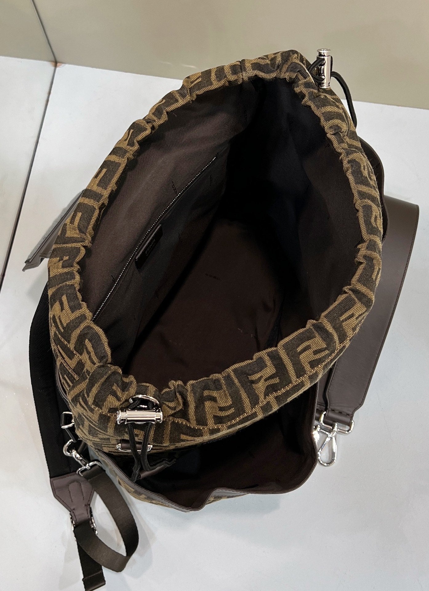 FENDI STRIKE LARGE 46 FF MOCHA BROWN JACQUARD FABRIC BACKPACK