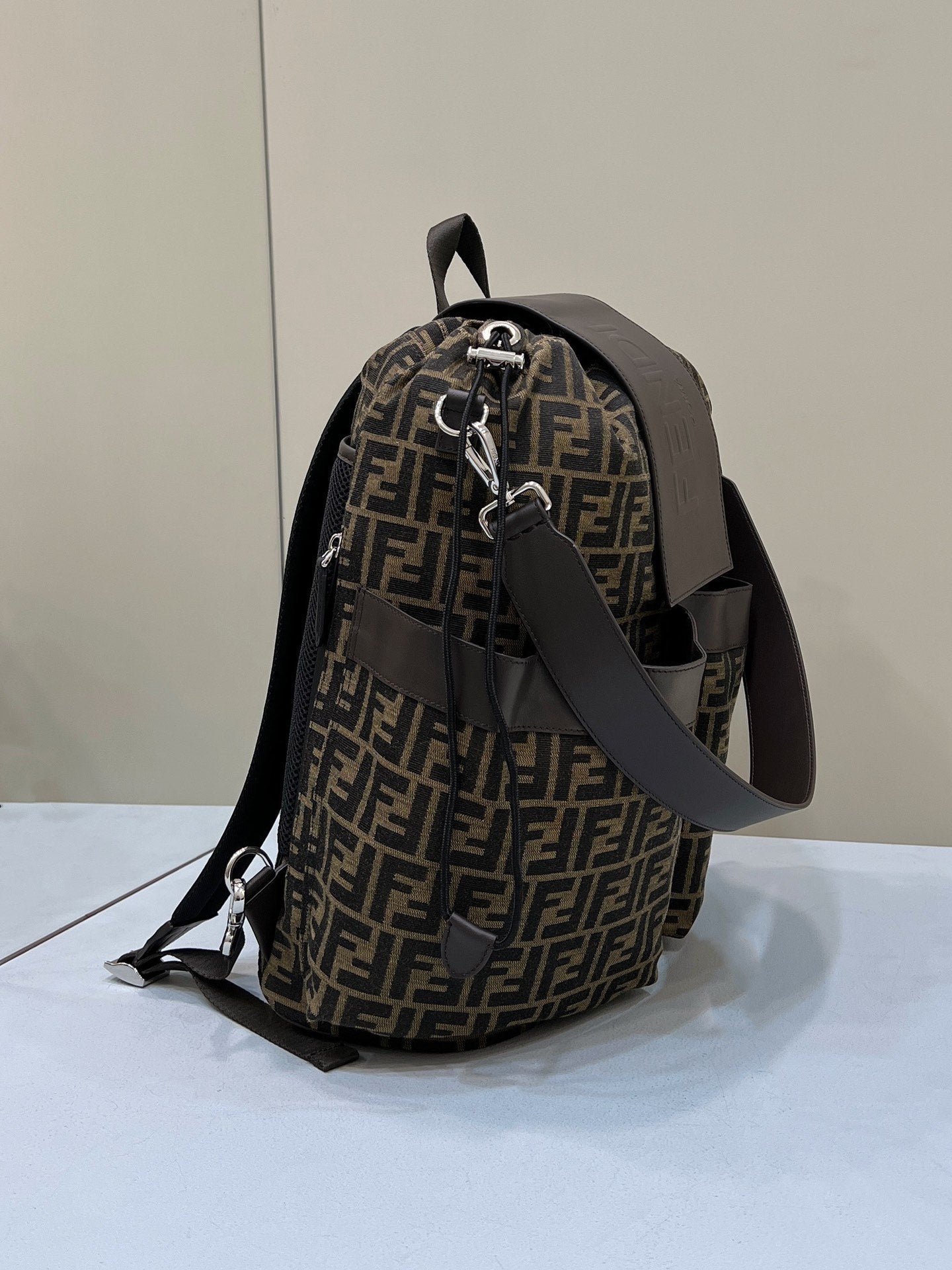 FENDI STRIKE LARGE 46 FF MOCHA BROWN JACQUARD FABRIC BACKPACK