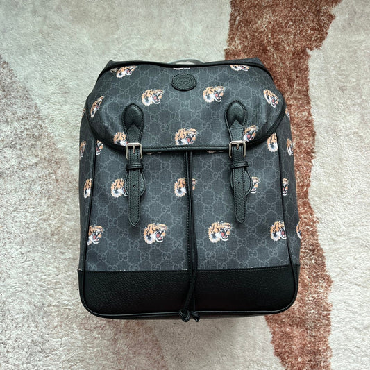 TIGER PRINT MEDIUM BACKPACK 43 IN BLACK CANVAS AND LEATHER TRIM