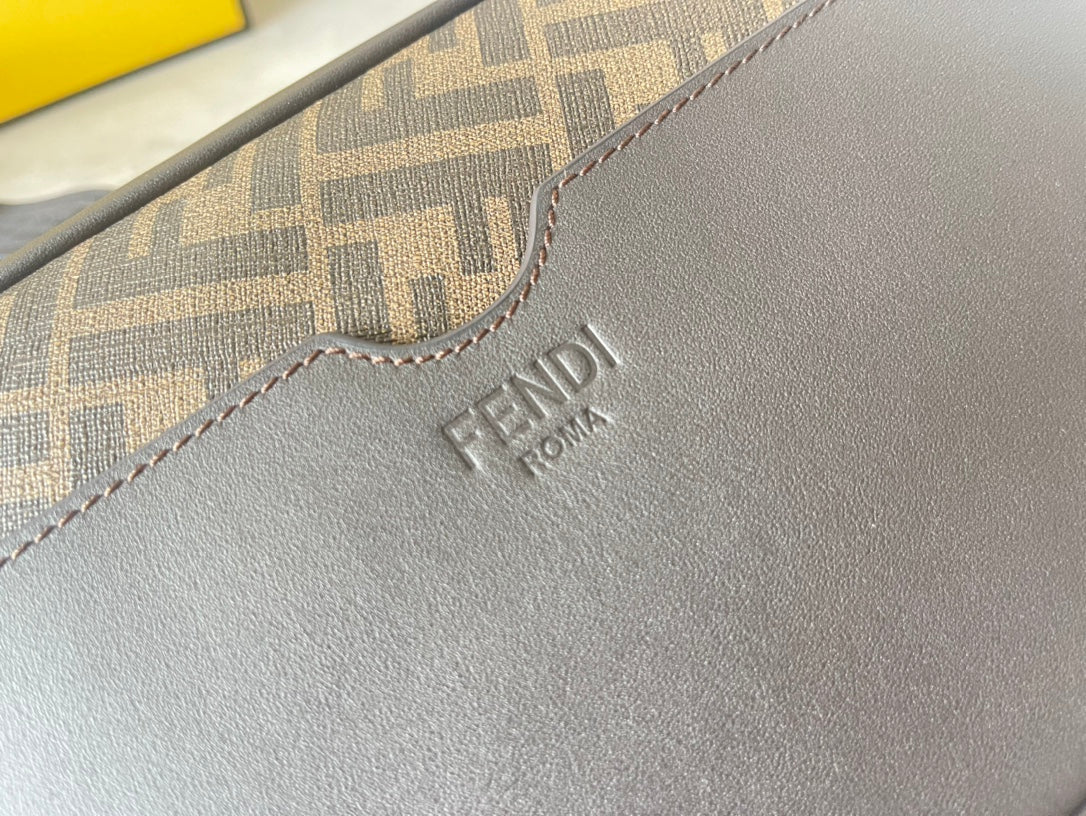 FENDI ROMA 22 CLUTCH BAG IN CHOCOLATE BROWN FF CALFSKIN SILVER HARDWARE WITH GOLDEN LOGO