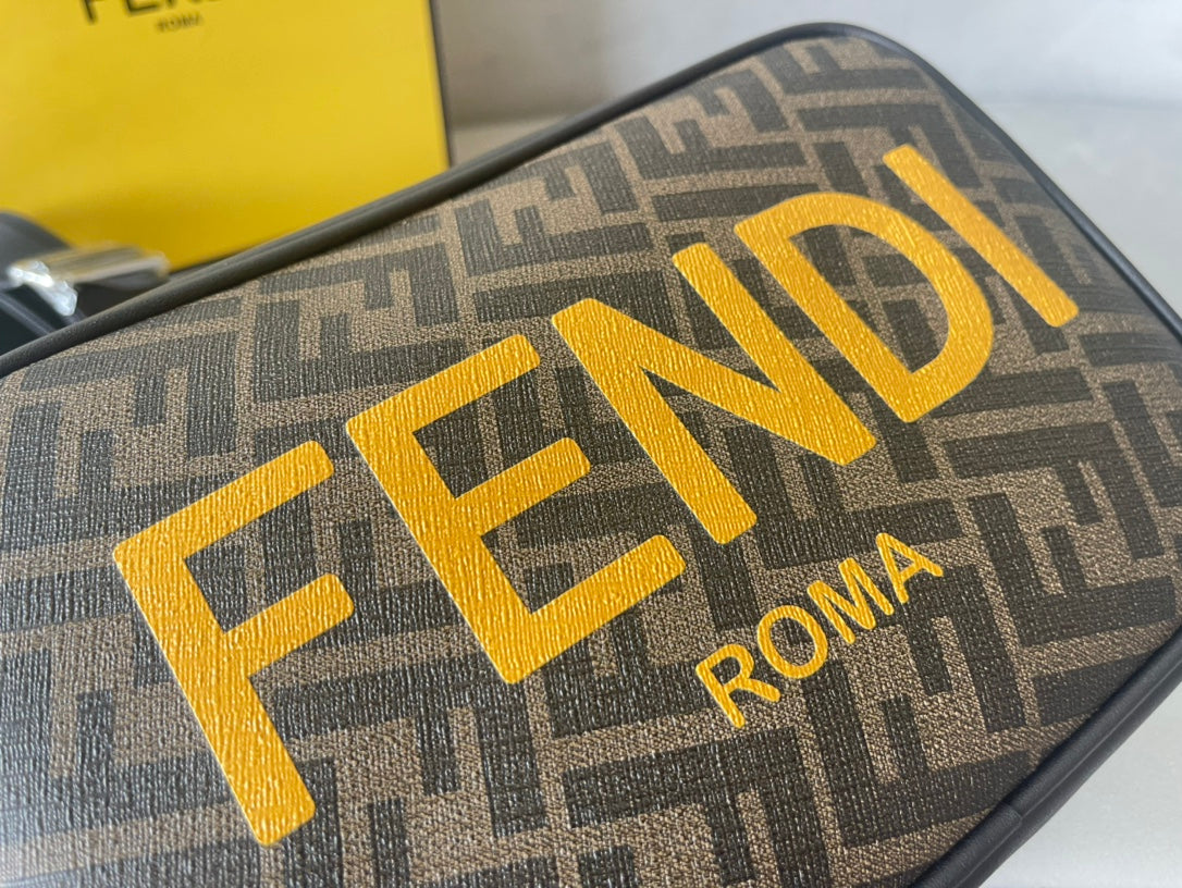 FENDI ROMA 22 CLUTCH BAG IN CHOCOLATE BROWN FF CALFSKIN SILVER HARDWARE WITH GOLDEN LOGO