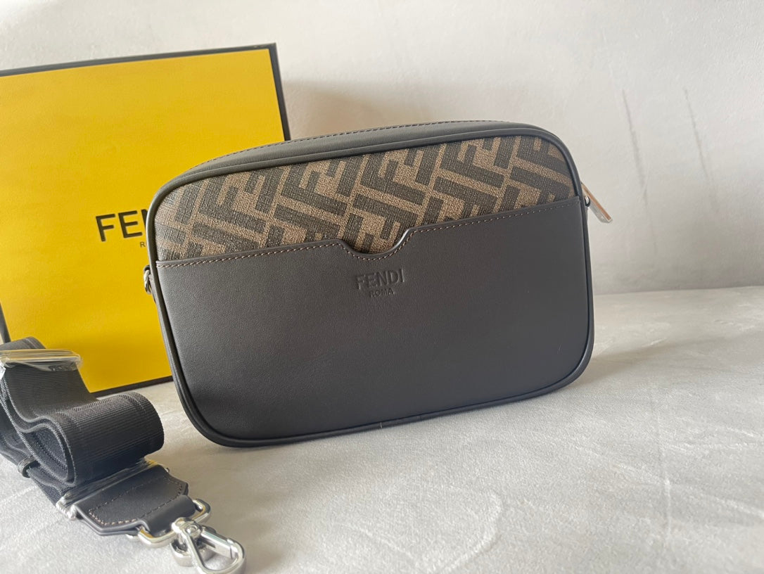 FENDI ROMA 22 CLUTCH BAG IN CHOCOLATE BROWN FF CALFSKIN SILVER HARDWARE WITH GOLDEN LOGO