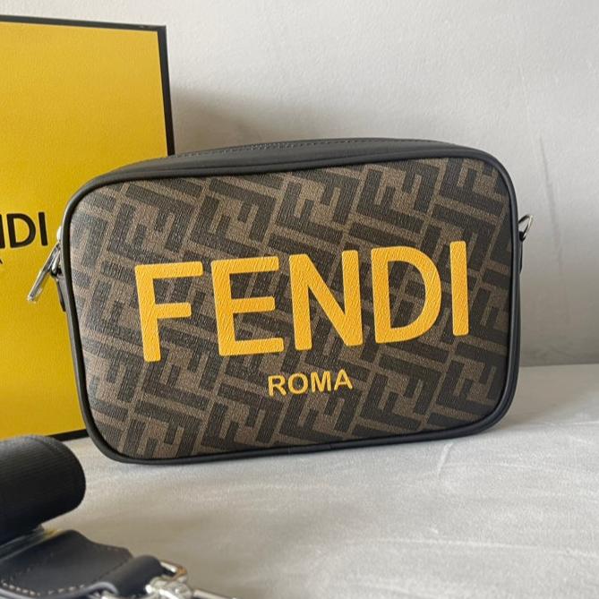 FENDI ROMA 22 CLUTCH BAG IN CHOCOLATE BROWN FF CALFSKIN SILVER HARDWARE WITH GOLDEN LOGO