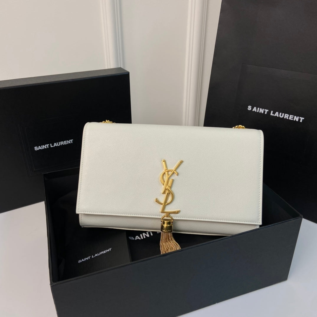 KATE TASSEL 24 WHITE CALFSKIN WITH GOLD LOGO