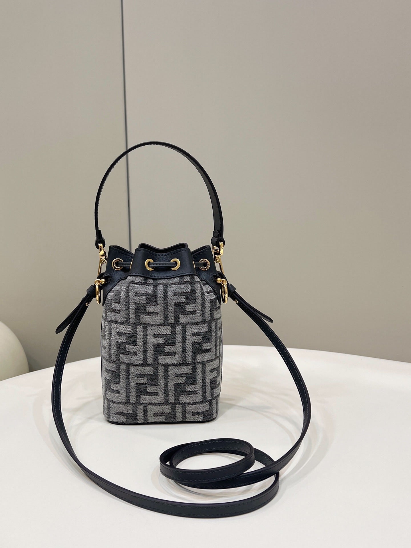 MON TRESOR MINI 18 BAG IN BLACK MIX GREY FF FABRIC WITH GOLD HARDWARE