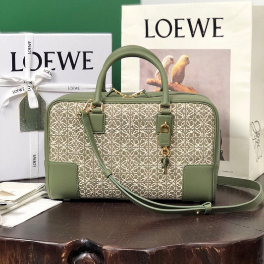 LOE AMAZONA 28 BAG IN OLIVE GREEN CALFSKIN AND BEIGE MONOGRAM FABRIC