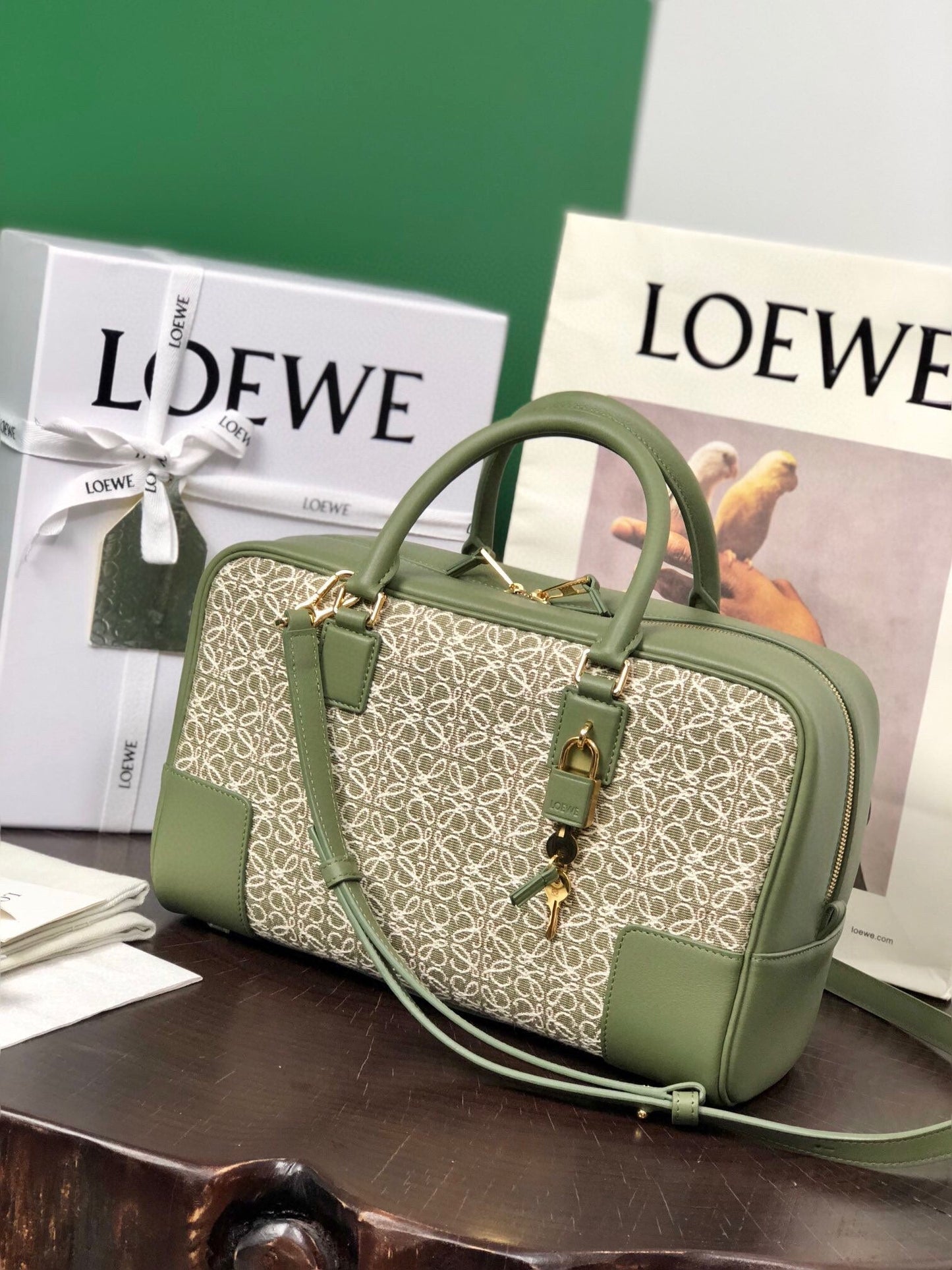 LOE AMAZONA 28 BAG IN OLIVE GREEN CALFSKIN AND BEIGE MONOGRAM FABRIC