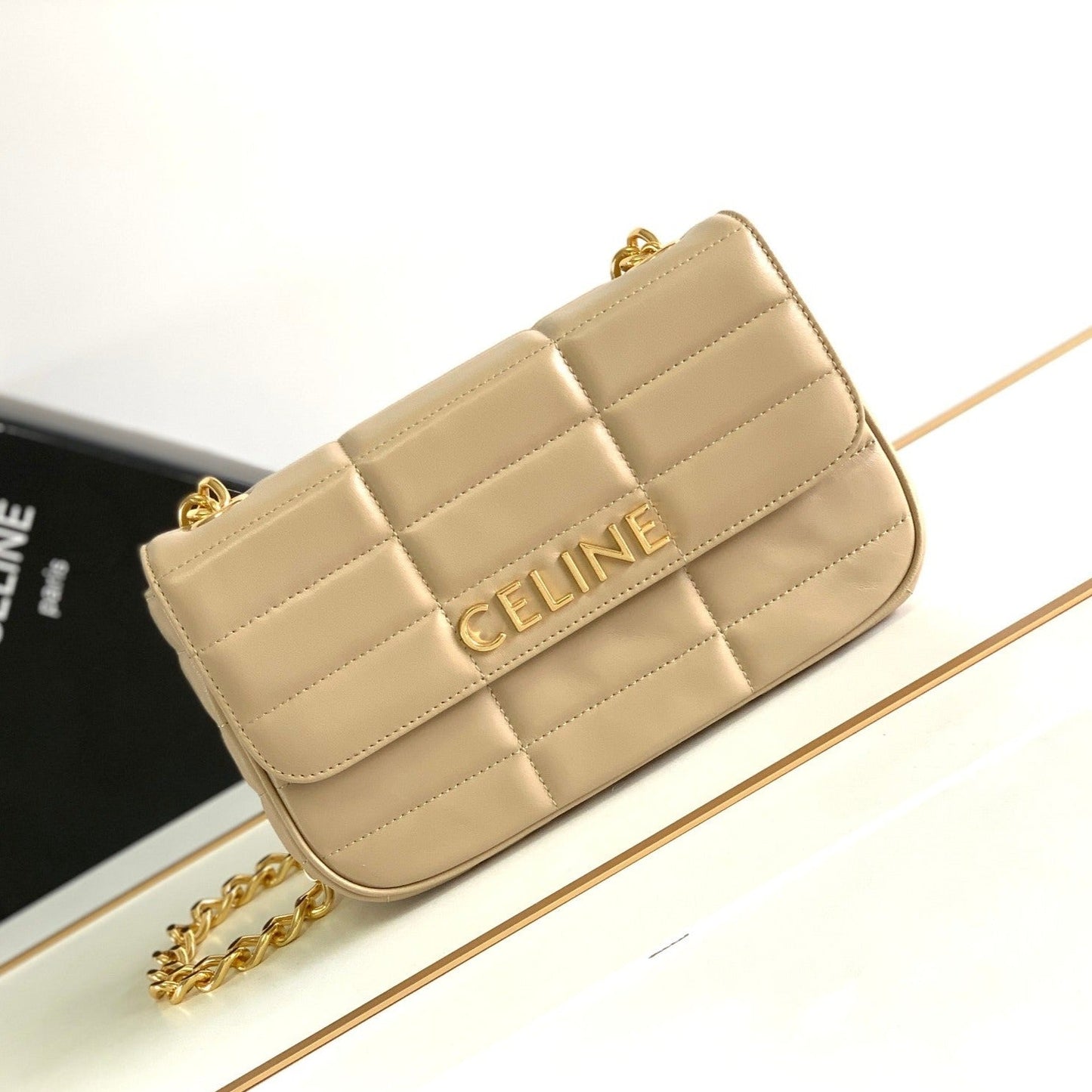 MONOCHROME 24 QUILTED BEIGE CREAM LAMBSKIN CHAIN SHOUDER BAG