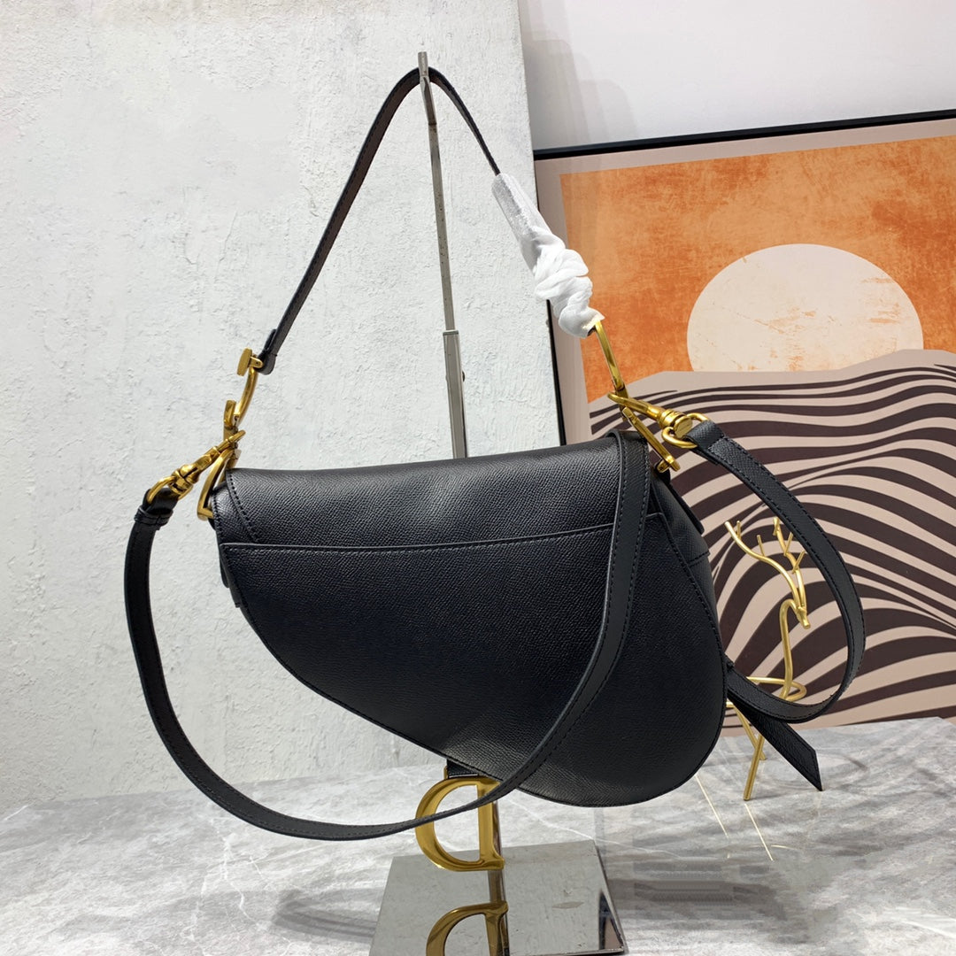 CD Saddle Bag Strap Warm Taupe Grained Black Calfskin