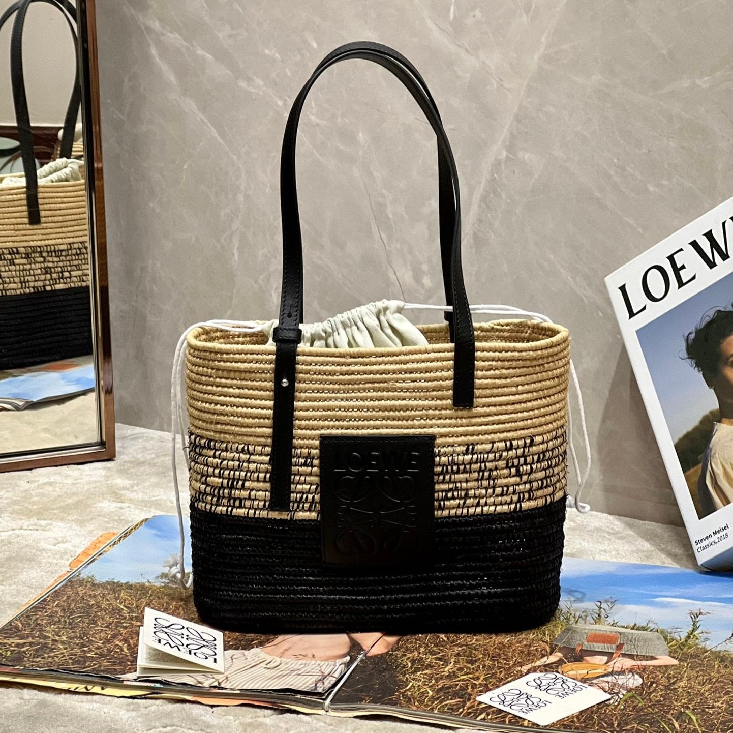 LOE BASKET BAG 28 IN NATURAL MIX BLACK RAFFIA