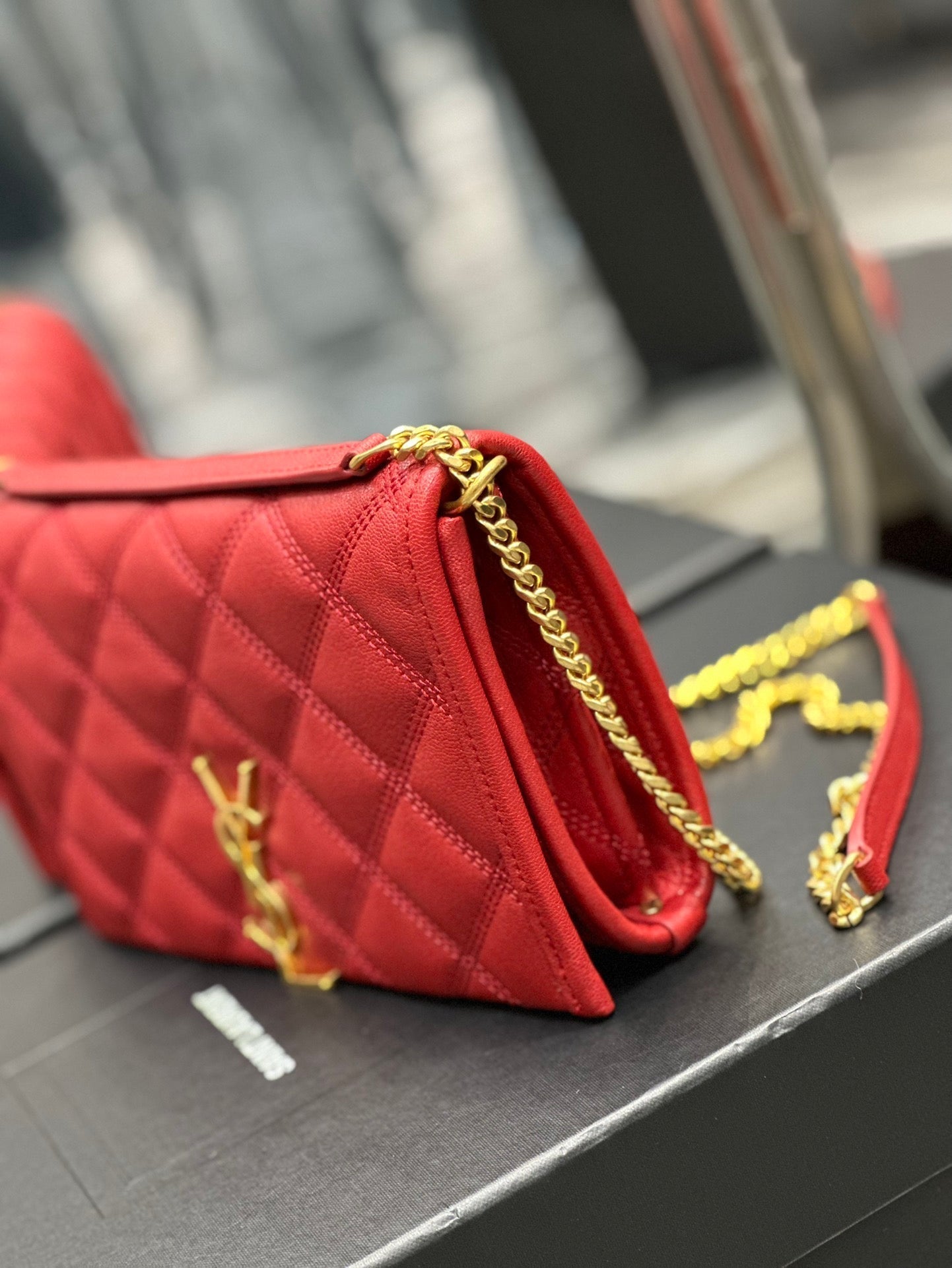 BECKY 22.5 QUILTED RED LAMBSKIN GOLD HARDWARE