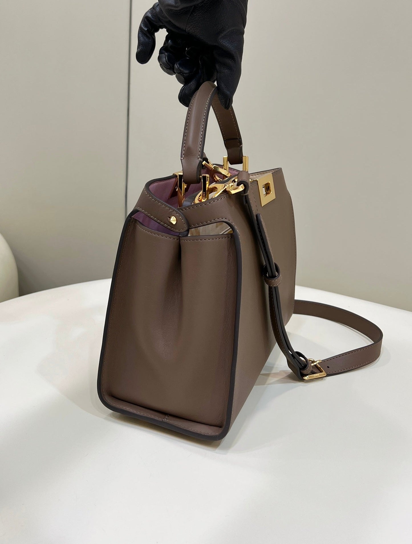 FENDI PEEKABOO 27 IN MOCHA BROWN CALFSKIN WITH GOLD HARDWARE