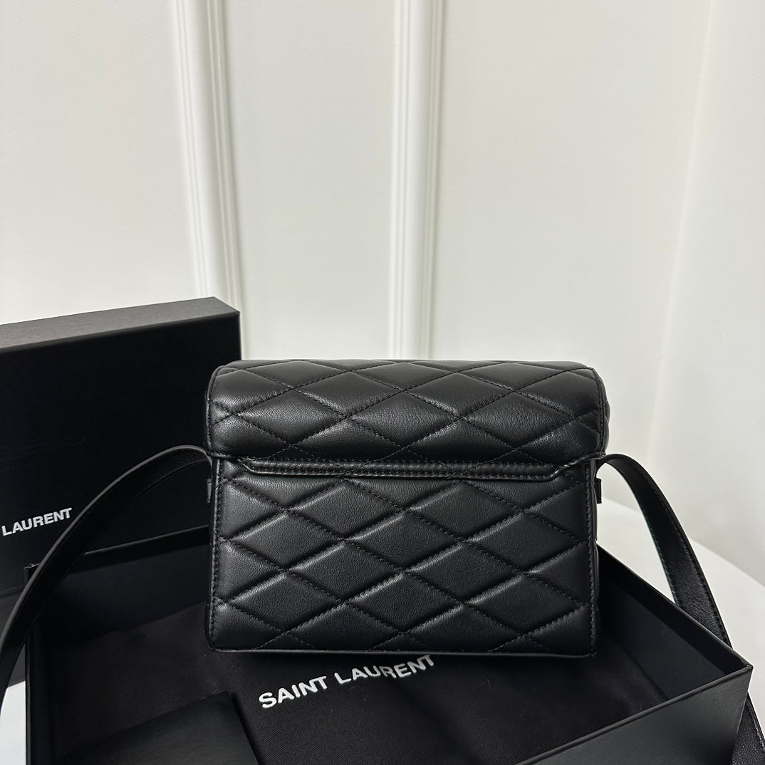 JUNE 19 BLACK QUILTED LAMBSKIN WITH GOLD LOGO BOX BAG