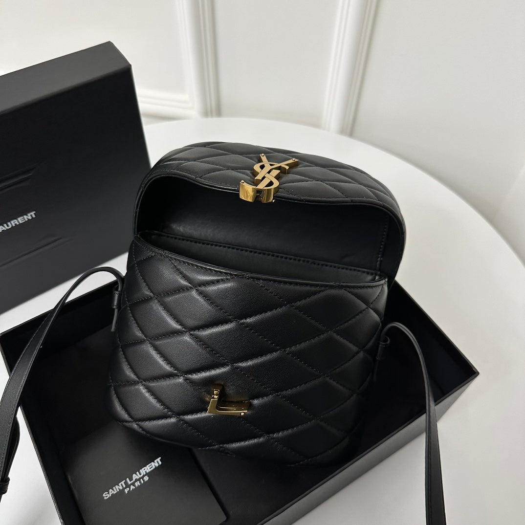 JUNE 19 BLACK QUILTED LAMBSKIN WITH GOLD LOGO BOX BAG