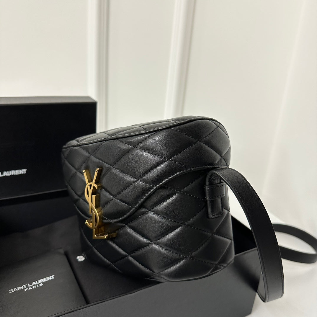 JUNE 19 BLACK QUILTED LAMBSKIN WITH GOLD LOGO BOX BAG