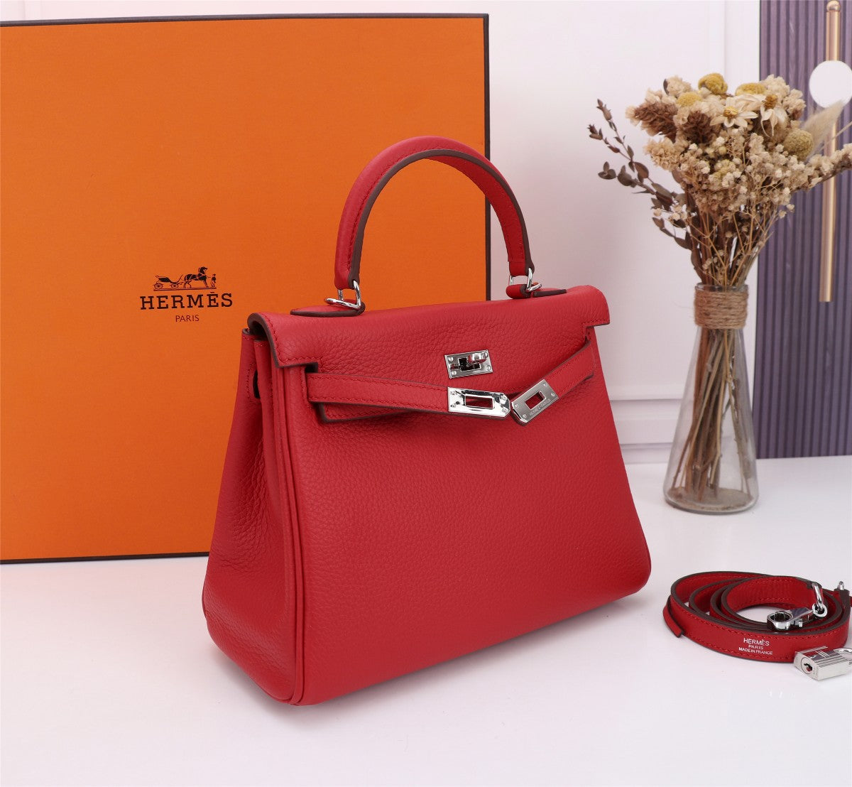 HM KELLY BAG 25 RED CALFSKIN SILVER HARDWARE