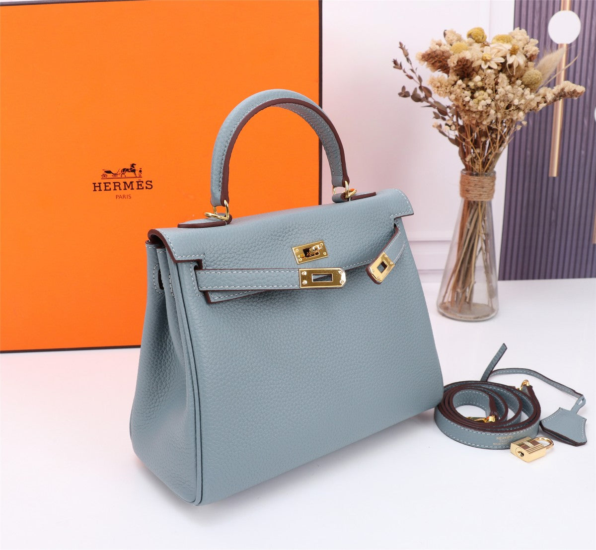 HM KELLY BAG 25 TEMPERED GRAY CALFSKIN GOLD HARDWARE