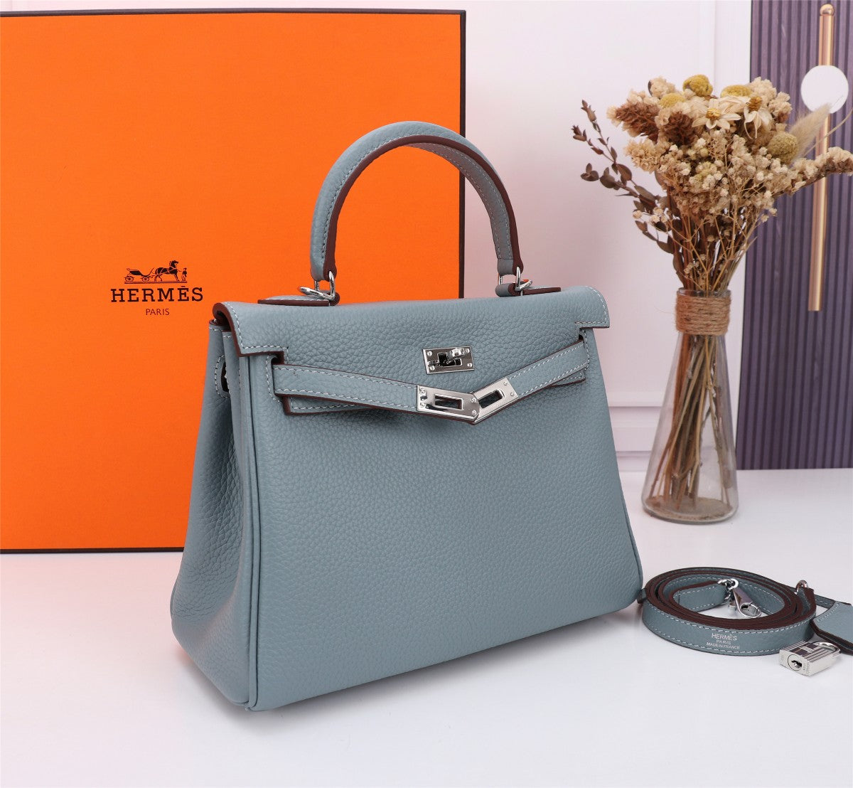 HM KELLY BAG 28 TEMPERED GRAY CALFSKIN SILVER HARDWARE