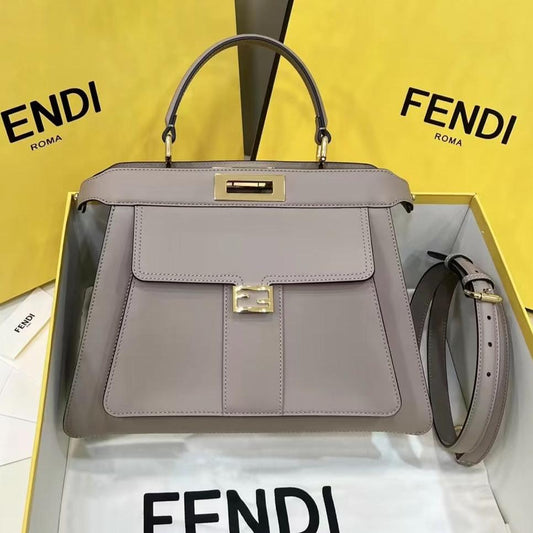 FENDI PEEKABOO 33 BAG IN KHAKI CALFSKIN WITH STRAP GOLD HARDWARE